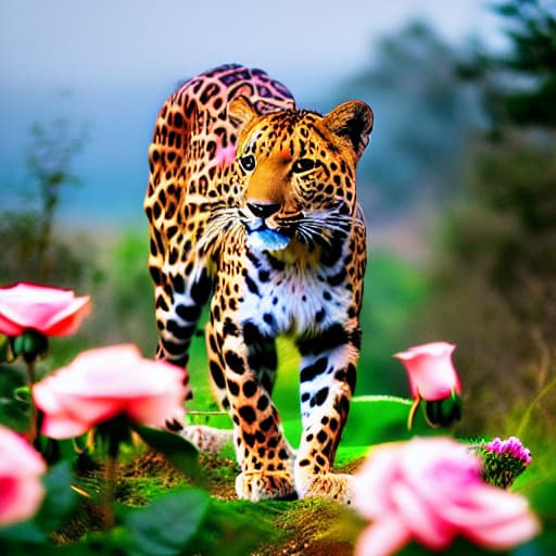  A painting of a leopard with pink roses on it hyperrealistic, full body, detailed clothing, highly detailed, cinematic lighting, stunningly beautiful, intricate, sharp focus, f/1. 8, 85mm, (centered image composition), (professionally color graded), ((bright soft diffused light)), volumetric fog, trending on instagram, trending on tumblr, HDR 4K, 8K