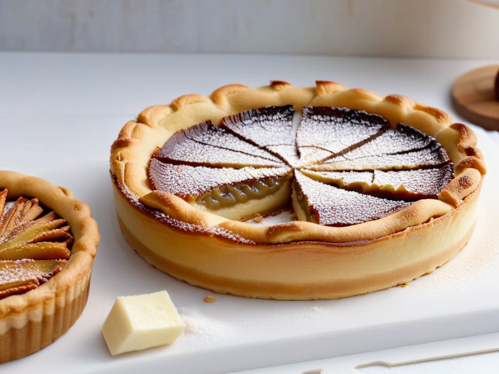  A stunning closeup image of a perfectly crafted maple syrupinfused butter tart, delicately garnished with a touch of flaky sea salt, set against a clean, white marble backdrop. The glossy surface of the tart reflects the soft ambient lighting, highlighting the intricate layers of the pastry. The caramelized edges of the tart glisten invitingly, exuding a warm, golden hue that contrasts beautifully with the subtle textures of the sea salt flakes. This visually appealing and minimalistic image captures the essence of Canadian pastry artistry, evoking a sense of elegance and sophistication that resonates with the article's tone and theme. hyperrealistic, full body, detailed clothing, highly detailed, cinematic lighting, stunningly beautiful, intricate, sharp focus, f/1. 8, 85mm, (centered image composition), (professionally color graded), ((bright soft diffused light)), volumetric fog, trending on instagram, trending on tumblr, HDR 4K, 8K