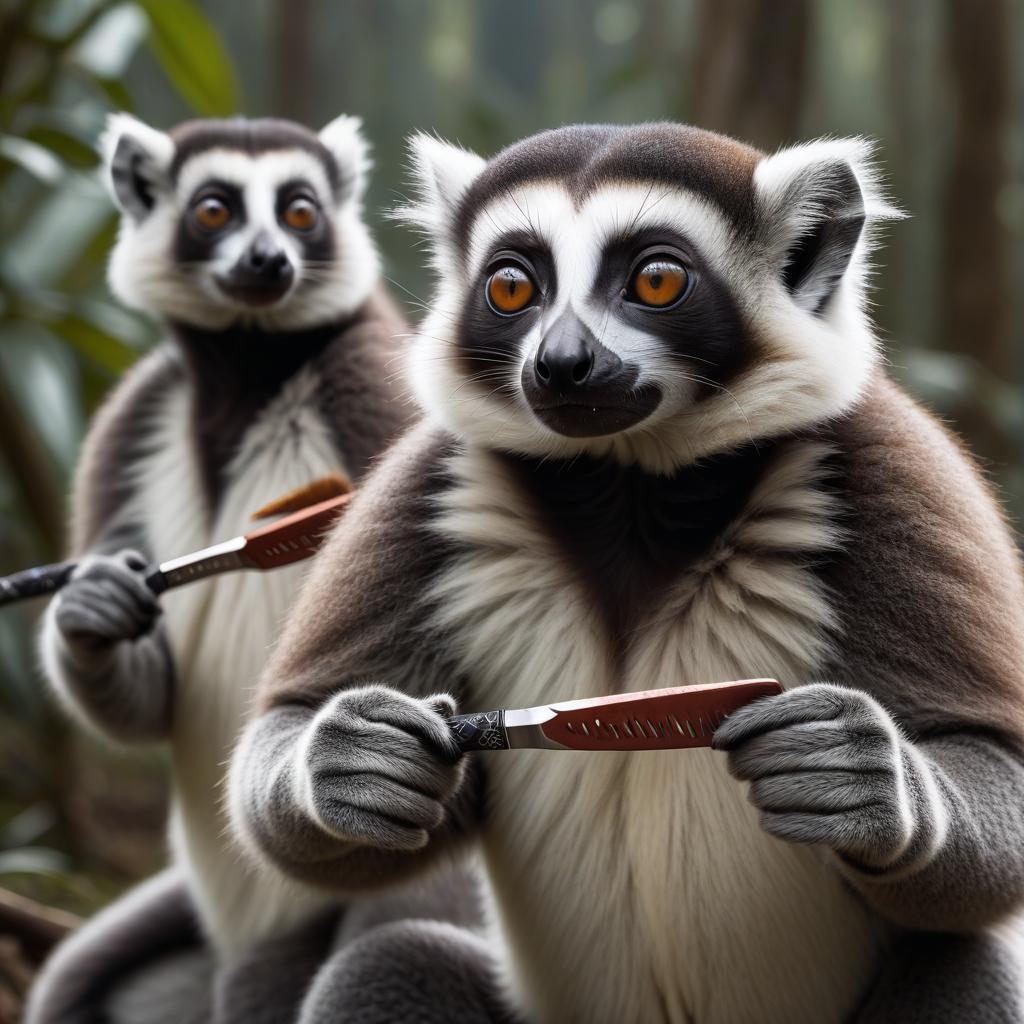  cinematic film still Draw Madagascar lemurs holding filet knives in their hands. Translation: "Draw Madagascar lemurs holding flat bladed knives in their hands." . shallow depth of field, vignette, highly detailed, high budget, bokeh, cinemascope, moody, epic, gorgeous, film grain, grainy hyperrealistic, full body, detailed clothing, highly detailed, cinematic lighting, stunningly beautiful, intricate, sharp focus, f/1. 8, 85mm, (centered image composition), (professionally color graded), ((bright soft diffused light)), volumetric fog, trending on instagram, trending on tumblr, HDR 4K, 8K