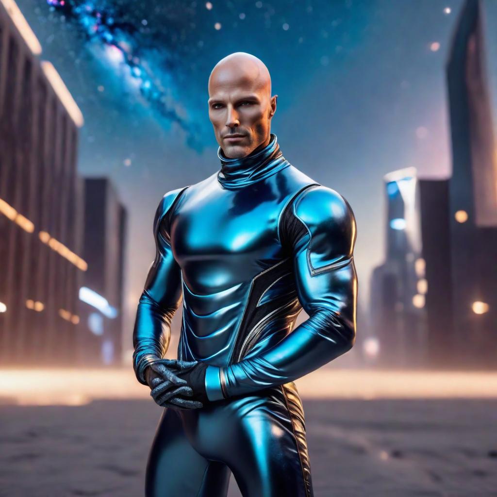  (((superior celestial bald universal god))), posing chad, sharp jawline, shiny galaxy skin, confident pose, complete body covered with galaxy suit including mask, black shiny eyes, unreal engine, cyberpunk, shimmering light
