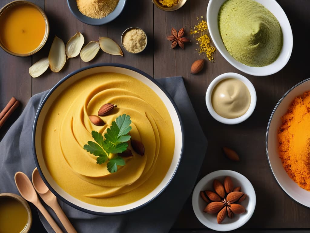  A meticulously arranged overhead shot of a wooden kitchen counter showcasing a variety of Middle Eastern ingredients for making Halwa. The image includes heaps of fragrant saffron, vibrant green cardamom pods, golden slivered almonds, rich ghee, velvety smooth tahini, and a bowl of golden semolina. Each ingredient is meticulously arranged in its own small bowl or container, creating a visually appealing and harmonious composition. The warm, natural hues of the ingredients contrast beautifully against the smooth, polished surface of the wooden counter, emphasizing the simplicity and elegance of Middle Eastern culinary traditions. hyperrealistic, full body, detailed clothing, highly detailed, cinematic lighting, stunningly beautiful, intricate, sharp focus, f/1. 8, 85mm, (centered image composition), (professionally color graded), ((bright soft diffused light)), volumetric fog, trending on instagram, trending on tumblr, HDR 4K, 8K