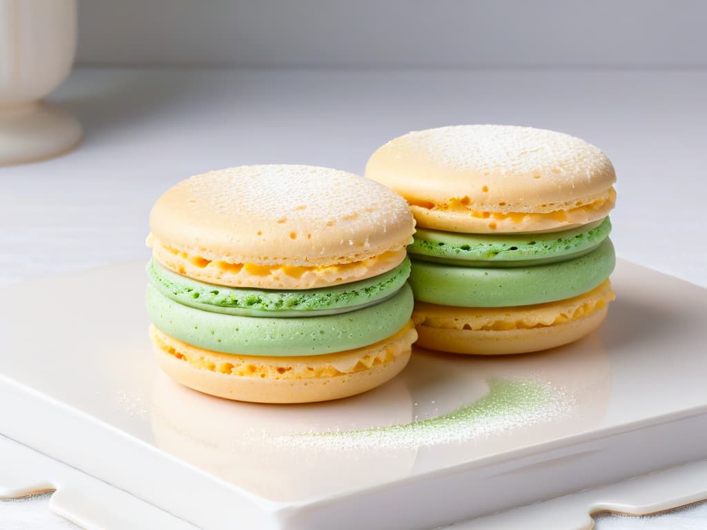  A closeup, ultradetailed image of a perfectly baked and beautifully colored macaron, showcasing its smooth, glossy surface, delicate feet, and precise circular shape. The macaron sits elegantly on a pristine white porcelain plate, with a subtle shadow adding depth to the overall composition. Each sprinkle of powdered sugar on top glistens under the soft, natural light, highlighting the meticulous craftsmanship and attention to detail required to achieve macaron perfection. hyperrealistic, full body, detailed clothing, highly detailed, cinematic lighting, stunningly beautiful, intricate, sharp focus, f/1. 8, 85mm, (centered image composition), (professionally color graded), ((bright soft diffused light)), volumetric fog, trending on instagram, trending on tumblr, HDR 4K, 8K