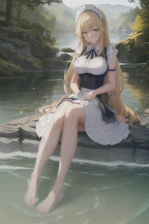  (score 9,score 8 up,score 7 up,),1girl,solo,maid,maid headdress,looking at viewer,outdoor,lake,apron,blonde hair,indoors,green eyes,bare foot,two feet in the water hyperrealistic, full body, detailed clothing, highly detailed, cinematic lighting, stunningly beautiful, intricate, sharp focus, f/1. 8, 85mm, (centered image composition), (professionally color graded), ((bright soft diffused light)), volumetric fog, trending on instagram, trending on tumblr, HDR 4K, 8K