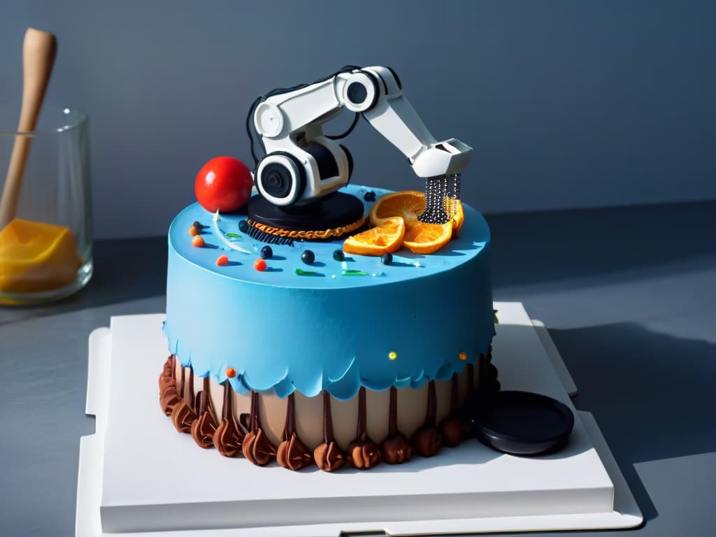  A photorealistic image of a sophisticated robotic arm delicately piping intricate designs onto a multitiered cake, surrounded by an array of hightech kitchen gadgets and colorful ingredients, all set against a sleek, modern kitchen backdrop with soft lighting casting dramatic shadows. hyperrealistic, full body, detailed clothing, highly detailed, cinematic lighting, stunningly beautiful, intricate, sharp focus, f/1. 8, 85mm, (centered image composition), (professionally color graded), ((bright soft diffused light)), volumetric fog, trending on instagram, trending on tumblr, HDR 4K, 8K