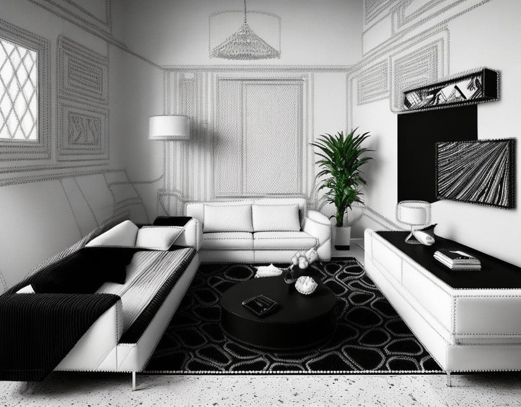 modern living room interior, black and white color scheme, high contrast, clean lines, depth and shadow, photorealistic, large windows, dark marble floor, white leather sofa, minimalist furniture, ambient lighting