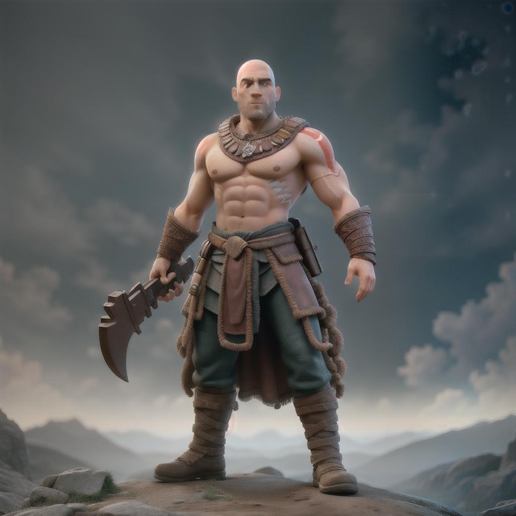  God of war hyperrealistic, full body, detailed clothing, highly detailed, cinematic lighting, stunningly beautiful, intricate, sharp focus, f/1. 8, 85mm, (centered image composition), (professionally color graded), ((bright soft diffused light)), volumetric fog, trending on instagram, trending on tumblr, HDR 4K, 8K