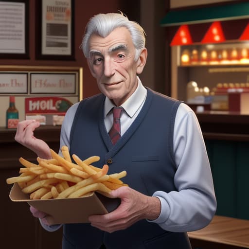  un vieille homme qui tiendra un grand bocal de frites