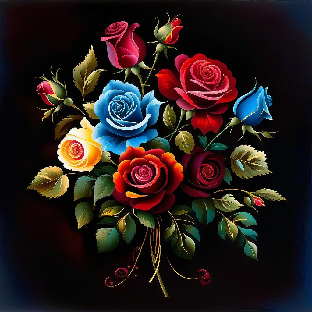  ethereal fantasy concept art of Fantasy bouquet of roses in the style of Zhostovo folk craft. The bouquet consists of three roses. (Roses): color of buds red, burgundy. (Leaves and branches): color blue, golden, yellow, amber. Background: dark blue, smoothly transitioning into black. . magnificent, celestial, ethereal, painterly, epic, majestic, magical, fantasy art, cover art, dreamy hyperrealistic, full body, detailed clothing, highly detailed, cinematic lighting, stunningly beautiful, intricate, sharp focus, f/1. 8, 85mm, (centered image composition), (professionally color graded), ((bright soft diffused light)), volumetric fog, trending on instagram, trending on tumblr, HDR 4K, 8K