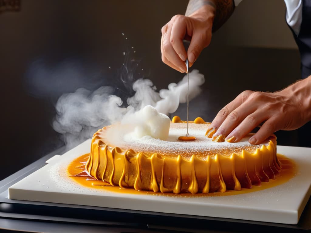  An ultradetailed closeup image of a professional chef's hands expertly working with hot caramelized sugar, showcasing the intricate process of creating delicate sugar art. The hands are depicted meticulously pulling, shaping, and sculpting the molten sugar into intricate designs, with wisps of steam rising delicately from the golden sugar against a clean, simple background. The image captures the intense focus and skill required when working with hot sugar, emphasizing the importance of precision and caution in handling this material. hyperrealistic, full body, detailed clothing, highly detailed, cinematic lighting, stunningly beautiful, intricate, sharp focus, f/1. 8, 85mm, (centered image composition), (professionally color graded), ((bright soft diffused light)), volumetric fog, trending on instagram, trending on tumblr, HDR 4K, 8K