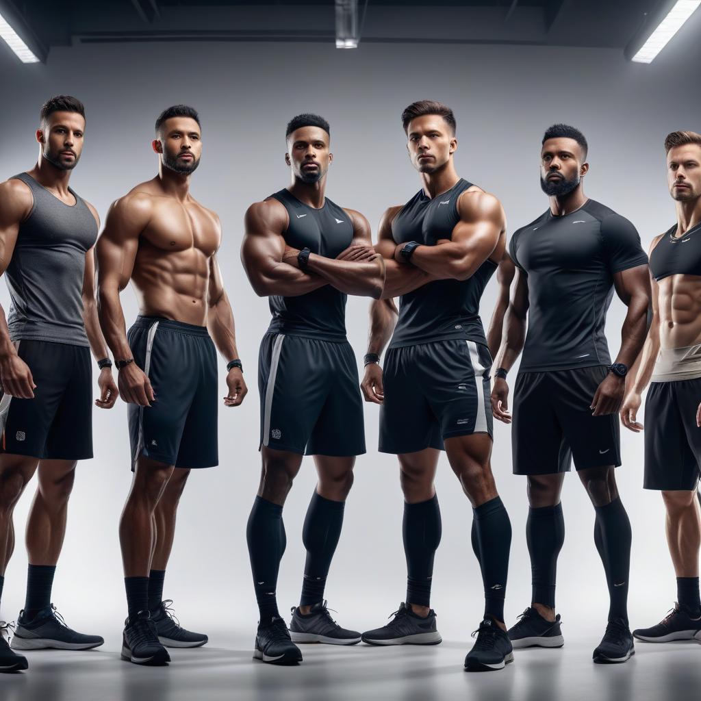  Photo session, a group of young and slim men in sports clothing, standing against a white background, looking forward. hyperrealistic, full body, detailed clothing, highly detailed, cinematic lighting, stunningly beautiful, intricate, sharp focus, f/1. 8, 85mm, (centered image composition), (professionally color graded), ((bright soft diffused light)), volumetric fog, trending on instagram, trending on tumblr, HDR 4K, 8K