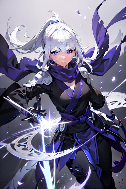  upper body, 1girl, white hair, ponytail, purple eyes, (ninja), short sword, medium breats ,scarf, wallpaper, magic circle background, light particles, blue fire hyperrealistic, full body, detailed clothing, highly detailed, cinematic lighting, stunningly beautiful, intricate, sharp focus, f/1. 8, 85mm, (centered image composition), (professionally color graded), ((bright soft diffused light)), volumetric fog, trending on instagram, trending on tumblr, HDR 4K, 8K