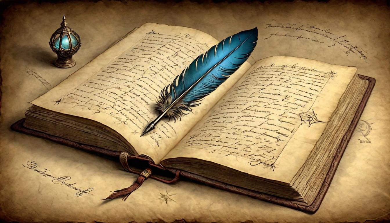  on parchment, surrealism+++, An incandescent feather pen writing in a book of shadows, each word a spark of truth, quiet room filled with ancient knowledge, wisdom's glow, discernment in writing, crafted fates.(mysterious, provocative, symbolic,muted color)+++