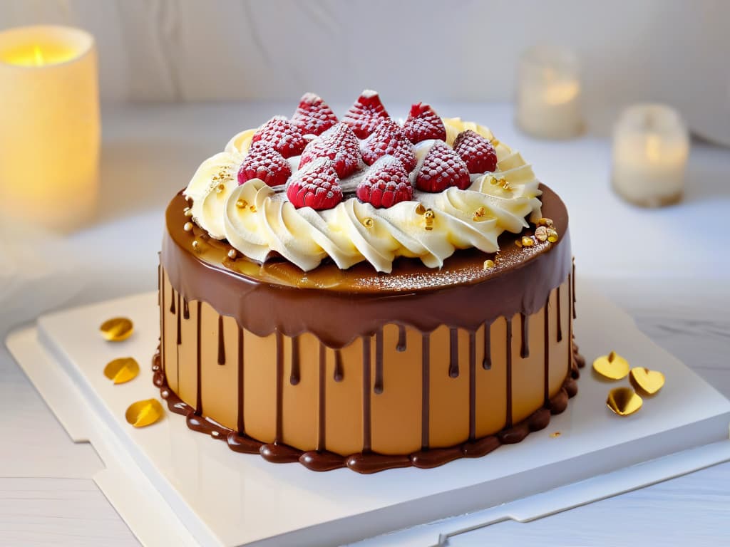  A closeup, photorealistic image of a decadent chocolate cake layered with rich salted caramel, topped with delicate swirls of vanilla bean frosting, and garnished with fresh raspberries and edible gold leaf. The cake sits on a marble platter, with droplets of caramel cascading down the sides, creating a mouthwatering and visually stunning dessert masterpiece. hyperrealistic, full body, detailed clothing, highly detailed, cinematic lighting, stunningly beautiful, intricate, sharp focus, f/1. 8, 85mm, (centered image composition), (professionally color graded), ((bright soft diffused light)), volumetric fog, trending on instagram, trending on tumblr, HDR 4K, 8K