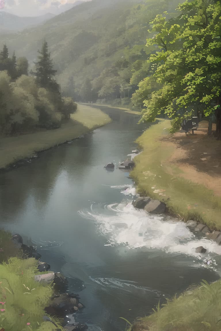  ((((masterpiece)))), best quality, very_high_resolution, ultra-detailed, in-frame, beautiful landscape, peaceful, flowing grass, gentle breeze, lush forest, harmony with nature, serene, tranquil river, enchanting sunlight, scenic view, breathtaking