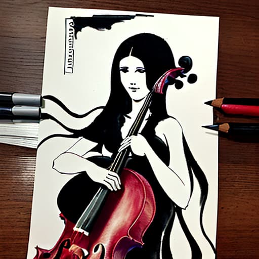  Abstract ink drawing of a girl in a long gown playing a cello on an Austrian business card.