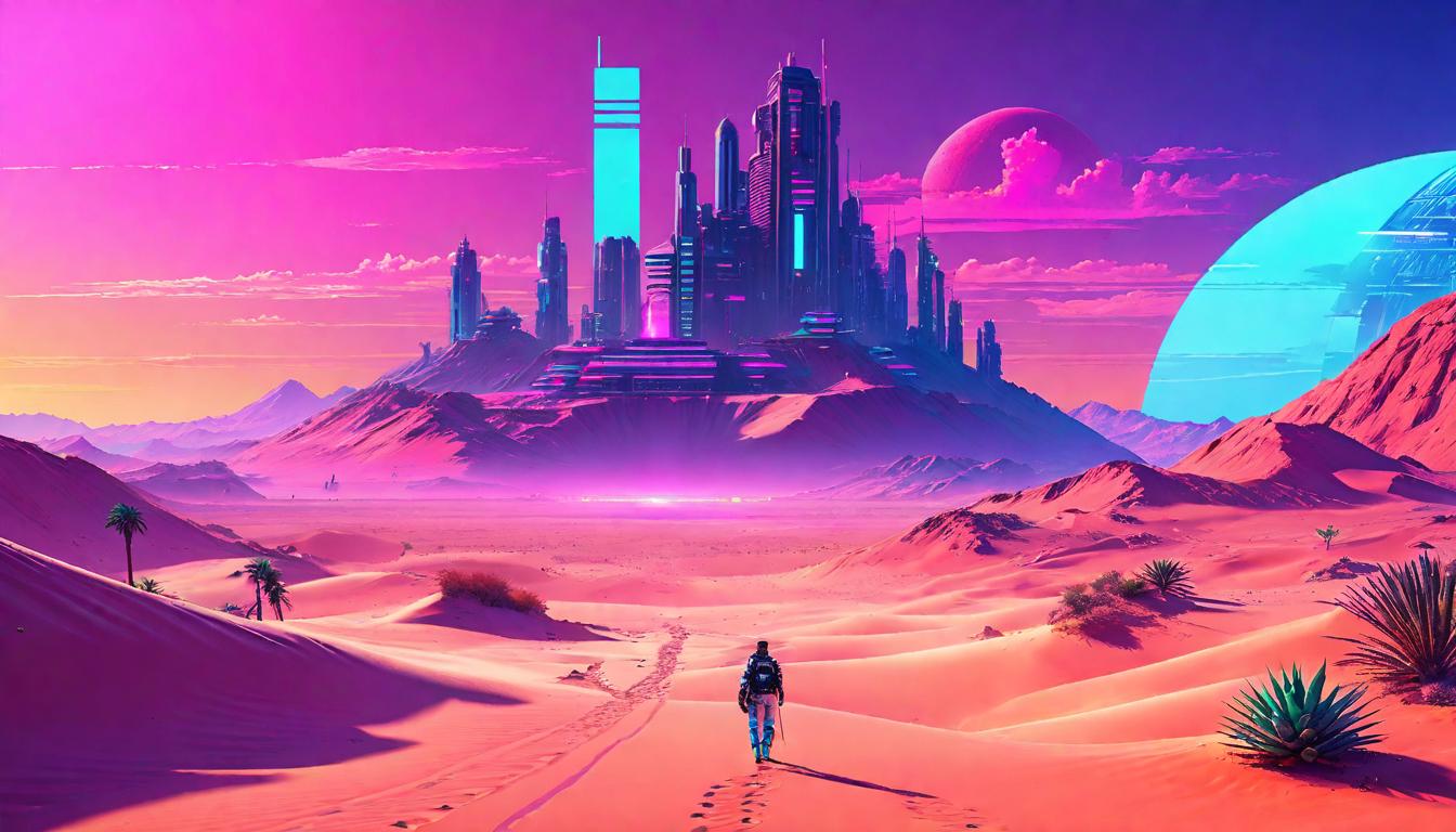  vaporwave,cyberpunk game style A well in the middle of a desert, surrounded by footprints but with no one in sight. Deserted giver, silent testimony to countless visits, oasis illusion.eon, dystopian, futuristic, digital, vibrant, detailed, high contrast, reminiscent of cyberpunk genre video games,retro aesthetic, cyberpunk, vibrant, neon colors, vintage 80s and 90s style, highly detailed