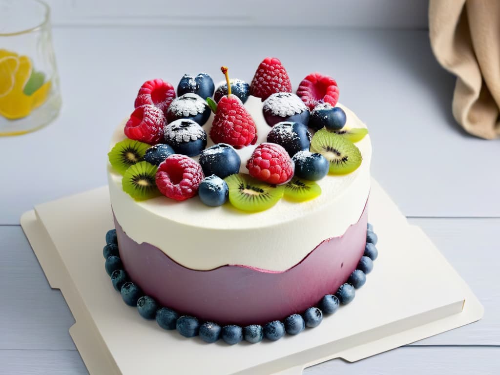  A highresolution, ultradetailed image of a beautifully decorated vegan cake, showcasing intricate floral designs made out of various colorful fruits like raspberries, blueberries, and kiwi, set against a white minimalist background. hyperrealistic, full body, detailed clothing, highly detailed, cinematic lighting, stunningly beautiful, intricate, sharp focus, f/1. 8, 85mm, (centered image composition), (professionally color graded), ((bright soft diffused light)), volumetric fog, trending on instagram, trending on tumblr, HDR 4K, 8K