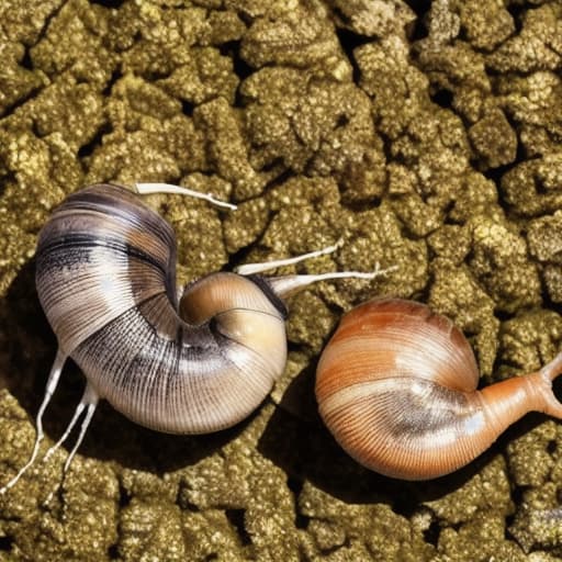  2 snails, male and female in love.with arms around each other.sitting on a high place looking down upon a beautiful meadow