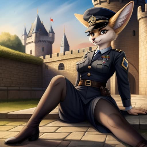  Solo, fennec, WW2 german SS black uniform, female, lying, floor, castle, spreading legs, front view, short, armed, open eyes, digital art, masterpiece, 4k, fine details,