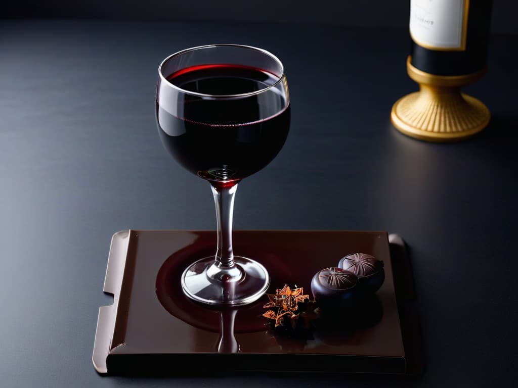  A minimalistic image showcasing a sleek wine glass filled with rich, dark red wine, paired elegantly with a luxurious piece of gourmet dark chocolate. The focus is on the contrast between the deep hues of the wine and the smooth texture of the chocolate, creating a visually striking and sophisticated composition that embodies the essence of heavenly chocolate and wine pairings. hyperrealistic, full body, detailed clothing, highly detailed, cinematic lighting, stunningly beautiful, intricate, sharp focus, f/1. 8, 85mm, (centered image composition), (professionally color graded), ((bright soft diffused light)), volumetric fog, trending on instagram, trending on tumblr, HDR 4K, 8K