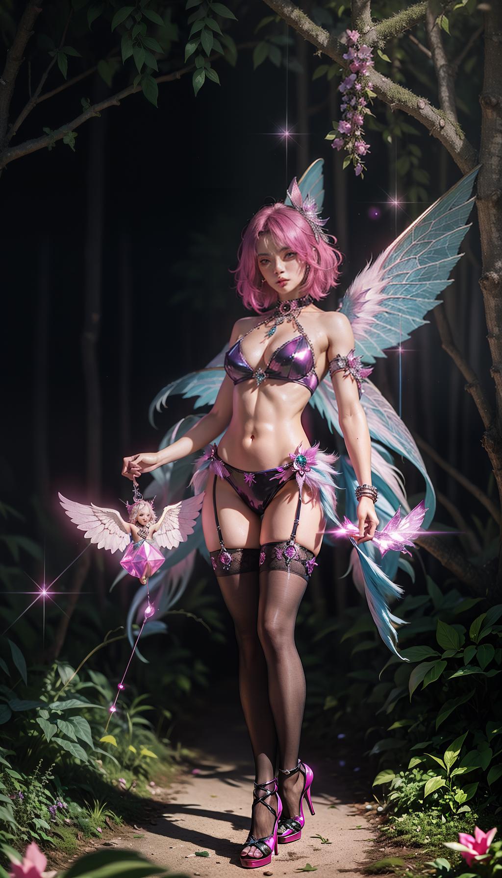  (a woman wearing glowing outfit with stockings standing in the middle of forest:1.3), (heels made of crystals:1.1), magical illustration, dark night, low light, glowing crystals, aura, gown, wings,  (sparkling fantasy crystal:1.3), (fantasy illustration:1.3), beautiful woman, fantasy sparkling outfit, (muscular women with strong abs:1.3), (visible abs and navel:1.3), ( cinematic image:1.3), high quality textures, professional portrait, (magenta crystalpunk:1.1), magenta colour palette, high quality, high resolution, 8k, hyperdetailed, UHD, HD,