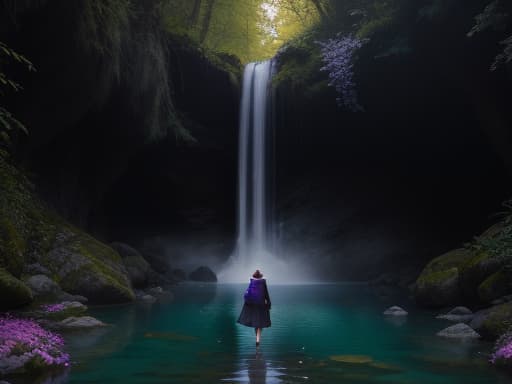  A woman dressed in purple dress walking out of a clear blue spring., hyperrealistic, high quality, highly detailed, cinematic lighting, intricate, sharp focus, f/1. 8, 85mm, (centered image composition), (professionally color graded), ((bright soft diffused light)), volumetric fog, trending on instagram, HDR 4K, 8K