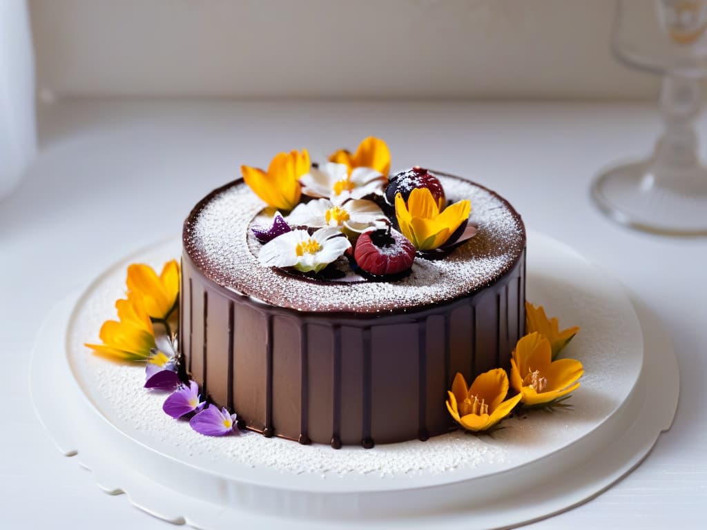  An image of a perfectly plated dessert with intricate chocolate decorations on a white minimalist plate, surrounded by delicate edible flowers and a dusting of powdered sugar. The dessert is a multilayered cake with glossy ganache, showcasing precision and elegance in its presentation. The background is a soft focus to highlight the dessert as the centerpiece, emphasizing the artistry and sophistication of the pastry creation. hyperrealistic, full body, detailed clothing, highly detailed, cinematic lighting, stunningly beautiful, intricate, sharp focus, f/1. 8, 85mm, (centered image composition), (professionally color graded), ((bright soft diffused light)), volumetric fog, trending on instagram, trending on tumblr, HDR 4K, 8K