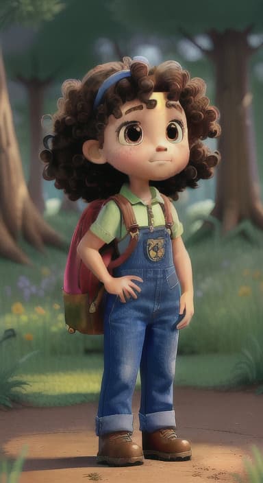  {The tree shining brightly and releasing a gentle, magical light., Riley, a curious with big brown eyes and curly hair, wearing overalls and carrying a small backpack. Their friend, Skye, a bluebird with shiny feathers.