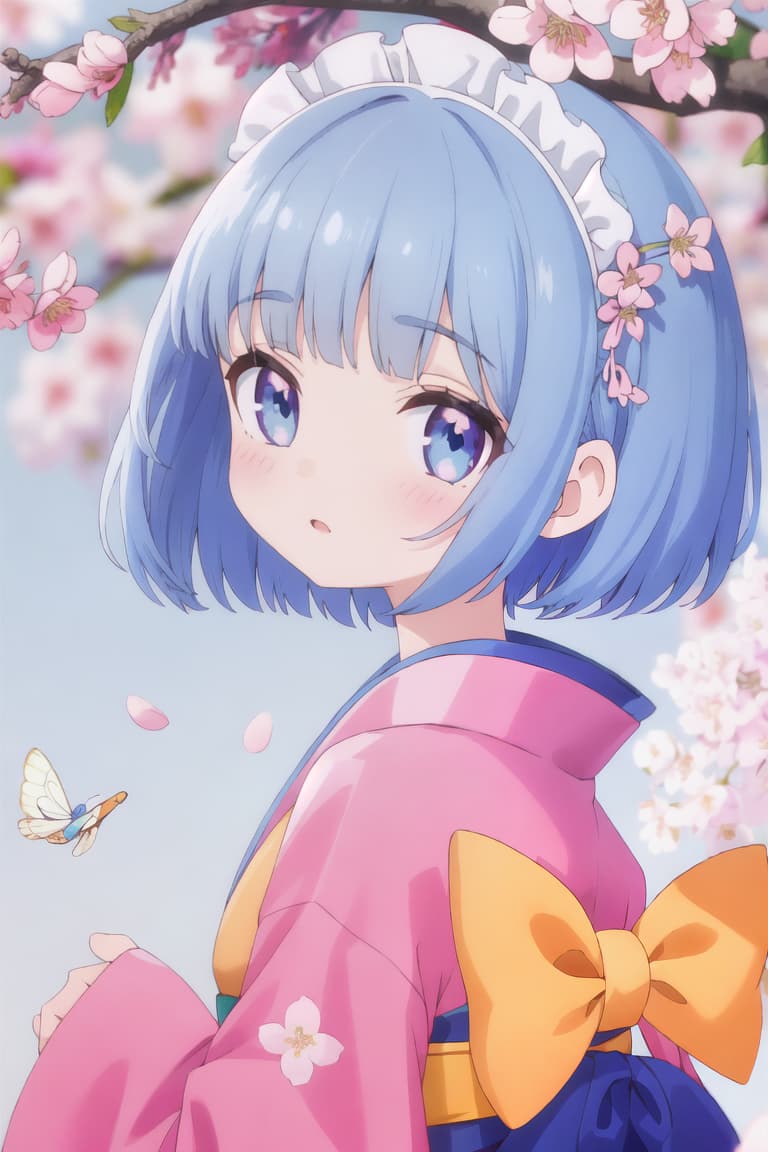  master piece , best quality,Girl, short, fluffy, short cut, fluffy, cute, light blue hair color, maid kimono with cherry blossom pattern, short bangs, bangs parted diagonally, face facing front, hairpin in bangs