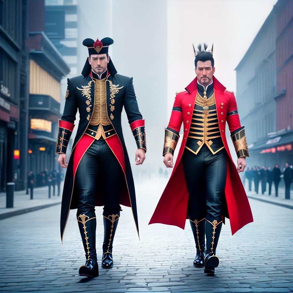  King and Jester in anime style hyperrealistic, full body, detailed clothing, highly detailed, cinematic lighting, stunningly beautiful, intricate, sharp focus, f/1. 8, 85mm, (centered image composition), (professionally color graded), ((bright soft diffused light)), volumetric fog, trending on instagram, trending on tumblr, HDR 4K, 8K