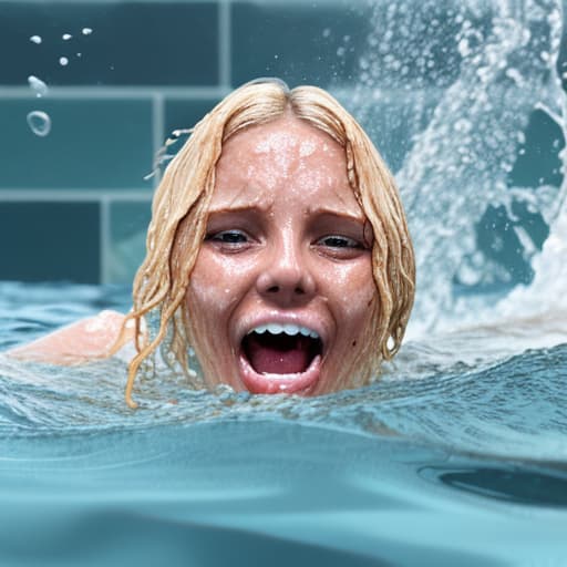  tanned blonde woman's face is in the water she's drowning she's screaming and panic a lot of water waves and splashes around her