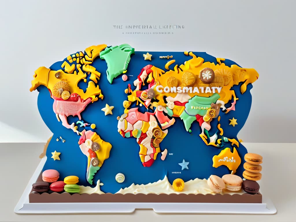  An intricately designed world map made entirely out of assorted colorful confectionery items such as macarons, chocolates, candies, and cookies, with each region represented by a unique sweet treat. The map is set against a clean white background, emphasizing the diverse global connections through the universal language of sweet delicacies. hyperrealistic, full body, detailed clothing, highly detailed, cinematic lighting, stunningly beautiful, intricate, sharp focus, f/1. 8, 85mm, (centered image composition), (professionally color graded), ((bright soft diffused light)), volumetric fog, trending on instagram, trending on tumblr, HDR 4K, 8K