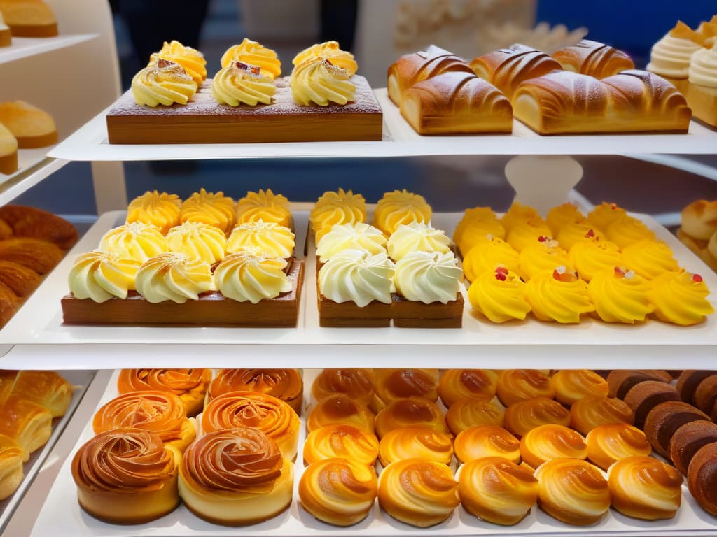  A closeup, highresolution image of an elegant, intricately designed pastry display at a bustling local fair. The pastries are beautifully decorated with vibrant colors and intricate details, showcasing the artistry and craftsmanship of the baker. The background is blurred to emphasize the pastries, and soft natural light highlights the textures and colors, creating a visually stunning and appetizing scene that captures the essence of a successful bakery stand at a local event. hyperrealistic, full body, detailed clothing, highly detailed, cinematic lighting, stunningly beautiful, intricate, sharp focus, f/1. 8, 85mm, (centered image composition), (professionally color graded), ((bright soft diffused light)), volumetric fog, trending on instagram, trending on tumblr, HDR 4K, 8K