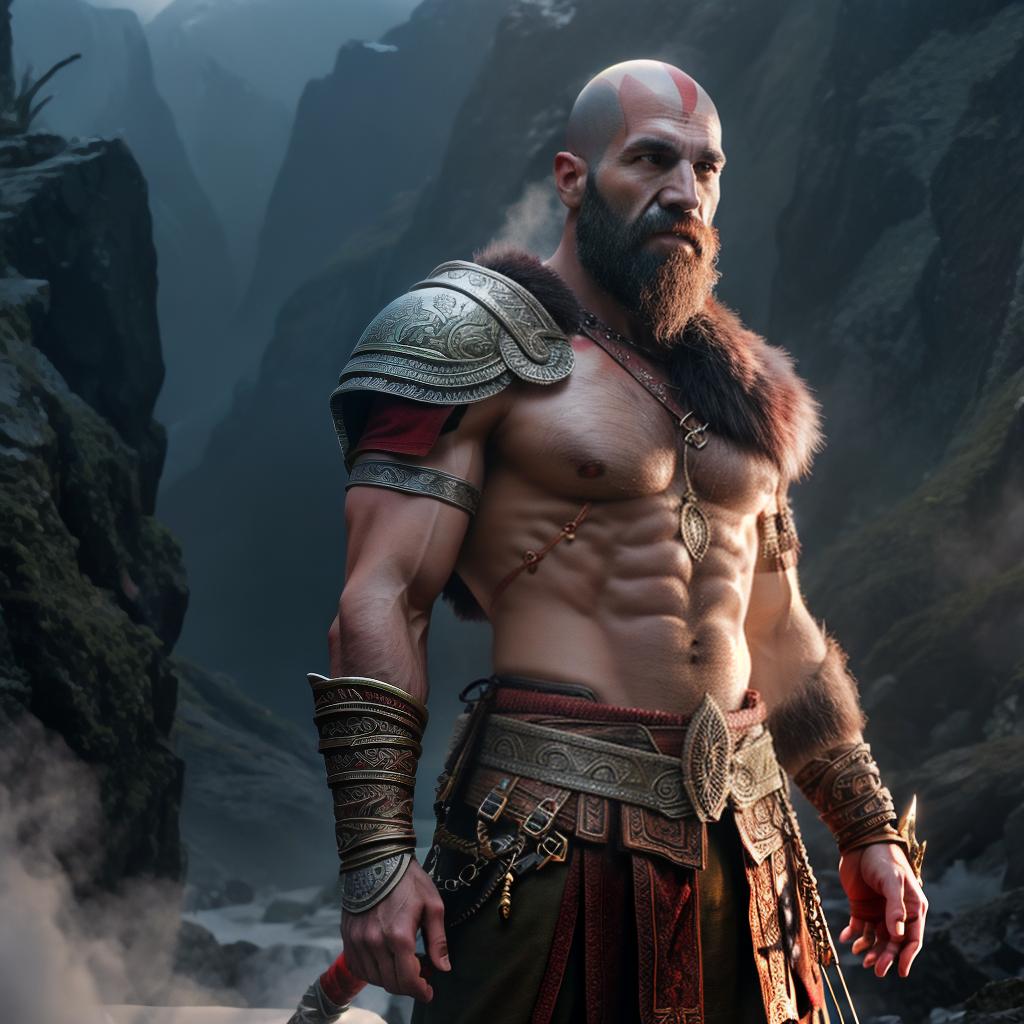  God of war hyperrealistic, full body, detailed clothing, highly detailed, cinematic lighting, stunningly beautiful, intricate, sharp focus, f/1. 8, 85mm, (centered image composition), (professionally color graded), ((bright soft diffused light)), volumetric fog, trending on instagram, trending on tumblr, HDR 4K, 8K