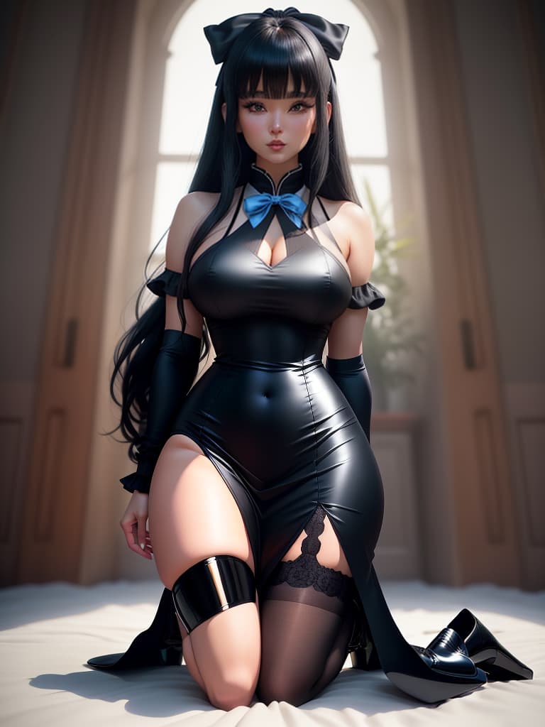  An cute and anime wearing blue china dress, black mid length hair with bangs, bare shoulders, bare arms, exudes feminine charm, greeny eyes with attractive lashes, full subtle mauve lipstick, large s covered by curved fit dress, blush, expression on face Dress: uniforms, black bow tie and a crest on the , crisp white with a high collar and cuff ons, form fitting short black with black stockings, black shiny high heels. hyperrealistic, full body, detailed clothing, highly detailed, cinematic lighting, stunningly beautiful, intricate, sharp focus, f/1. 8, 85mm, (centered image composition), (professionally color graded), ((bright soft diffused light)), volumetric fog, trending on instagram, trending on tumblr, HDR 4K, 8K