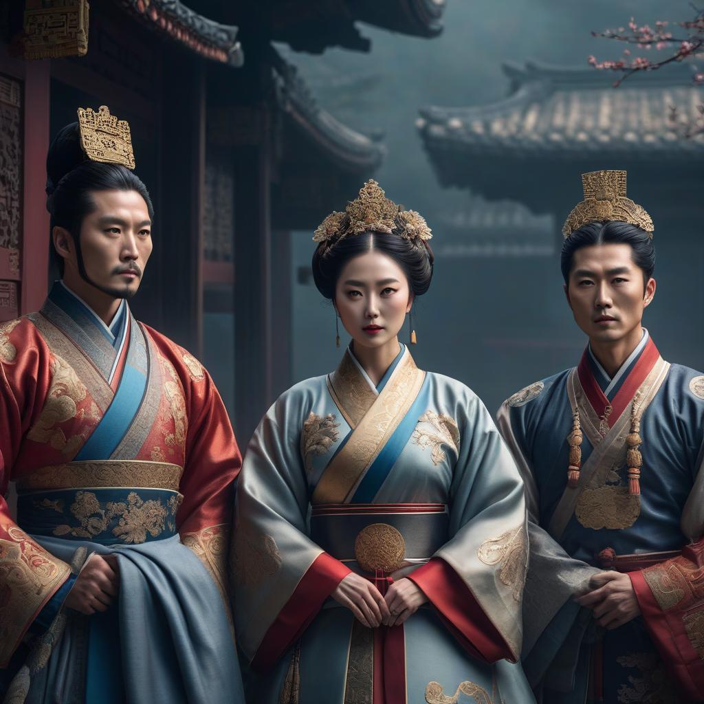  Three royal dynasties ancient South Korea hyperrealistic, full body, detailed clothing, highly detailed, cinematic lighting, stunningly beautiful, intricate, sharp focus, f/1. 8, 85mm, (centered image composition), (professionally color graded), ((bright soft diffused light)), volumetric fog, trending on instagram, trending on tumblr, HDR 4K, 8K