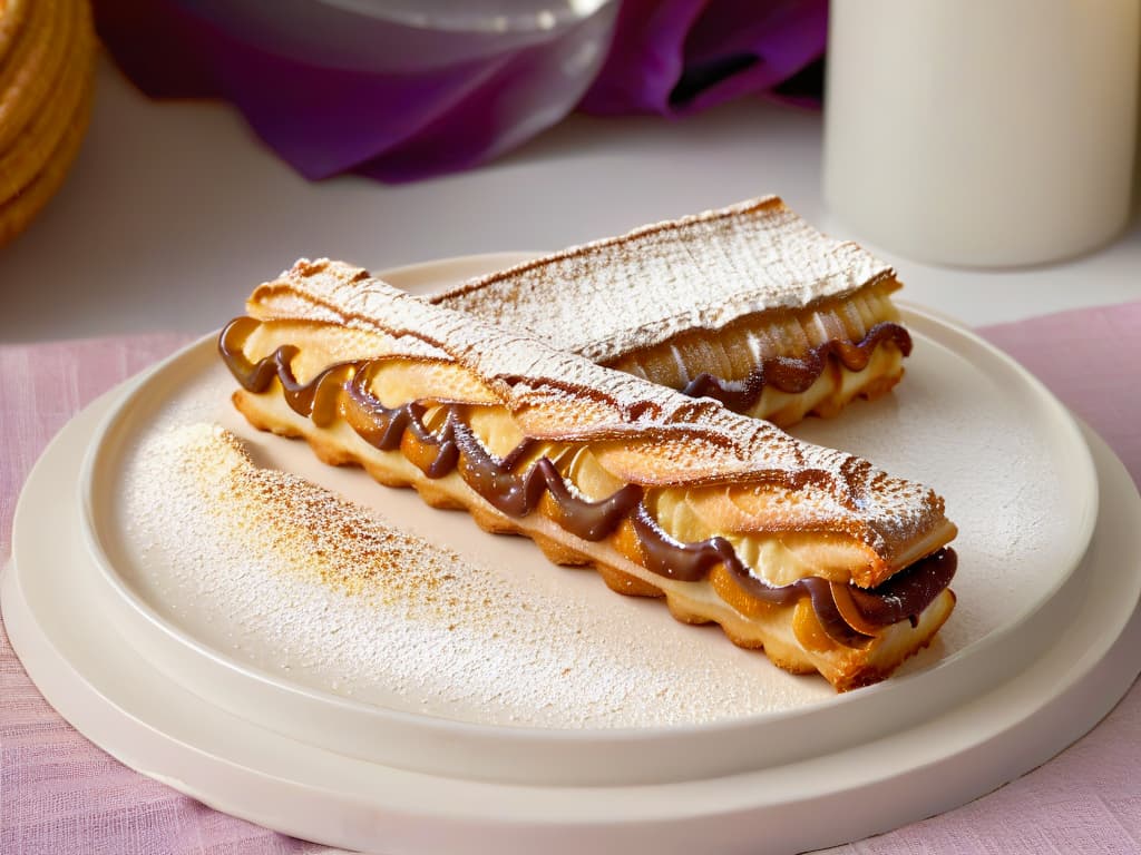  A closeup, ultradetailed image of a golden, crispy churro with a perfectly crunchy exterior, oozing with a rich, creamy chocolate filling. The churro is elegantly dusted with a light sprinkle of powdered sugar, resting on a sleek, modern plate with a subtle pattern in the background that adds a touch of sophistication to the overall composition. The lighting is soft, highlighting the texture of the churro and creating a mouthwatering visual appeal that perfectly captures the essence of a deliciously crunchy and indulgent treat. hyperrealistic, full body, detailed clothing, highly detailed, cinematic lighting, stunningly beautiful, intricate, sharp focus, f/1. 8, 85mm, (centered image composition), (professionally color graded), ((bright soft diffused light)), volumetric fog, trending on instagram, trending on tumblr, HDR 4K, 8K