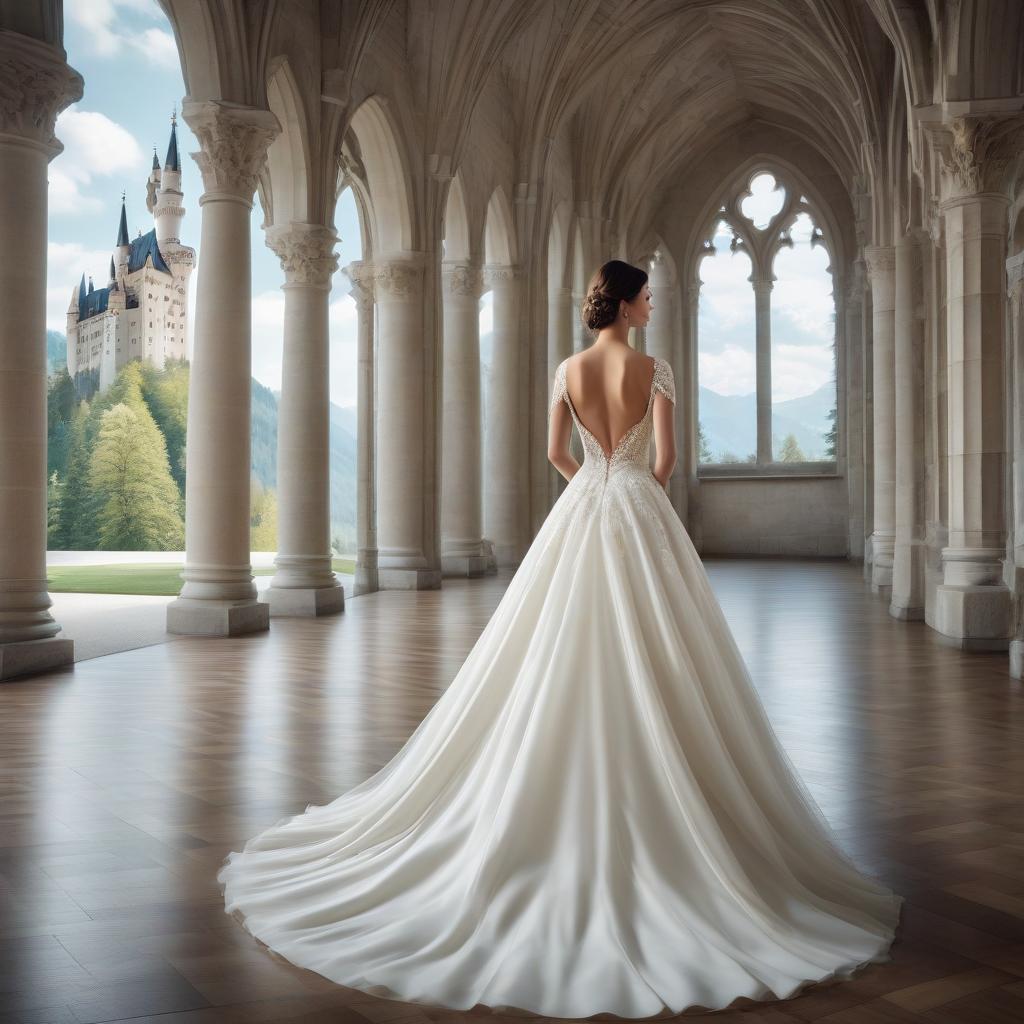  Neuschwanstein. A girl in a wedding dress from the back. Flying dress, very white dress, back view. hyperrealistic, full body, detailed clothing, highly detailed, cinematic lighting, stunningly beautiful, intricate, sharp focus, f/1. 8, 85mm, (centered image composition), (professionally color graded), ((bright soft diffused light)), volumetric fog, trending on instagram, trending on tumblr, HDR 4K, 8K