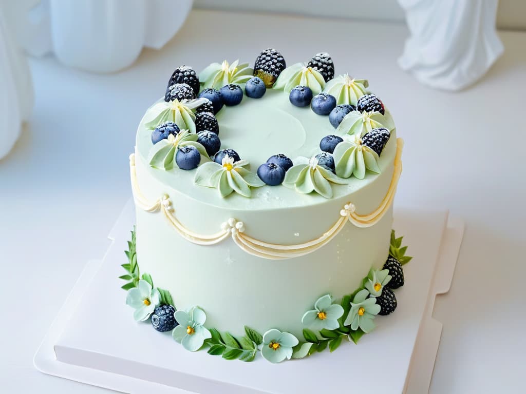  A minimalist image of a beautifully decorated glutenfree cake featuring intricate piping work with delicate floral designs in soft pastel colors, set against a clean white background. The cake is adorned with fresh berries and mint leaves, adding a pop of color and freshness to the elegant design. The details of the piping are incredibly precise, showcasing the skill and artistry involved in glutenfree cake decoration. hyperrealistic, full body, detailed clothing, highly detailed, cinematic lighting, stunningly beautiful, intricate, sharp focus, f/1. 8, 85mm, (centered image composition), (professionally color graded), ((bright soft diffused light)), volumetric fog, trending on instagram, trending on tumblr, HDR 4K, 8K