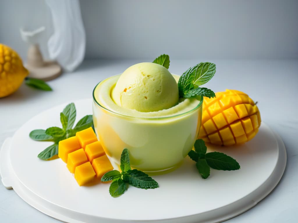  A minimalistic image of a decadent mango sorbet garnished with fresh mint leaves, served in a sleek glass dessert bowl, set on a marble countertop with subtle natural light casting gentle shadows, creating an elegant and refreshing summer dessert visual. hyperrealistic, full body, detailed clothing, highly detailed, cinematic lighting, stunningly beautiful, intricate, sharp focus, f/1. 8, 85mm, (centered image composition), (professionally color graded), ((bright soft diffused light)), volumetric fog, trending on instagram, trending on tumblr, HDR 4K, 8K