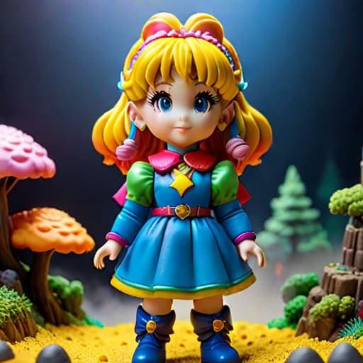  highly detailed clay model of Rainbow Brite diorama hyperrealistic, full body, detailed clothing, highly detailed, cinematic lighting, stunningly beautiful, intricate, sharp focus, f/1. 8, 85mm, (centered image composition), (professionally color graded), ((bright soft diffused light)), volumetric fog, trending on instagram, trending on tumblr, HDR 4K, 8K