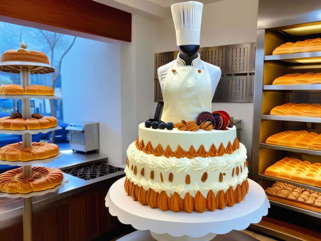  An 8k ultradetailed image of a pastry chef delicately piping intricate designs onto a multitiered cake in a sunlit, historic bakery. The chef, wearing a crisp white apron and focused expression, is surrounded by vintage baking tools and shelves of freshly baked pastries, creating a serene yet bustling atmosphere of creativity and tradition. hyperrealistic, full body, detailed clothing, highly detailed, cinematic lighting, stunningly beautiful, intricate, sharp focus, f/1. 8, 85mm, (centered image composition), (professionally color graded), ((bright soft diffused light)), volumetric fog, trending on instagram, trending on tumblr, HDR 4K, 8K