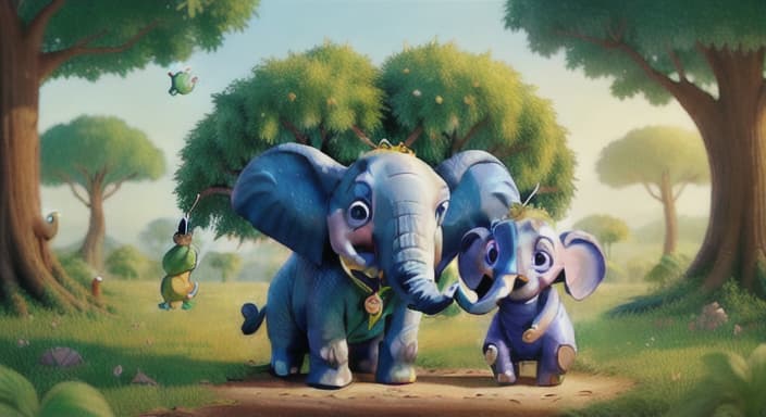  {The elephant and the fairy laughing together under the tree., The elephant and the fairy are happy and playful, enjoying each other's company.