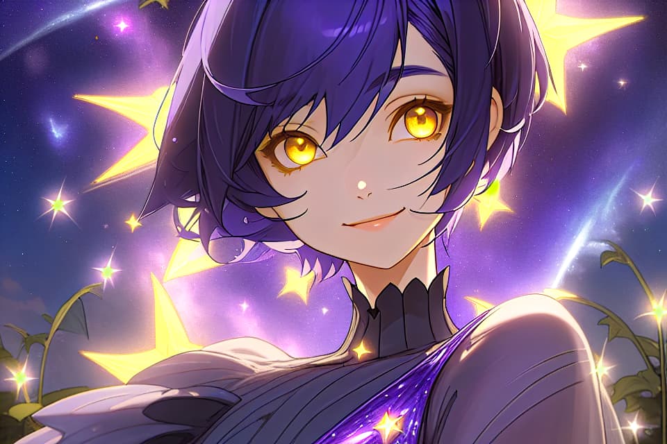  1 lady,indigo hair,pixie cut,yellow eyes,purple glittering dress,light smile,starry sky,garden,face close up