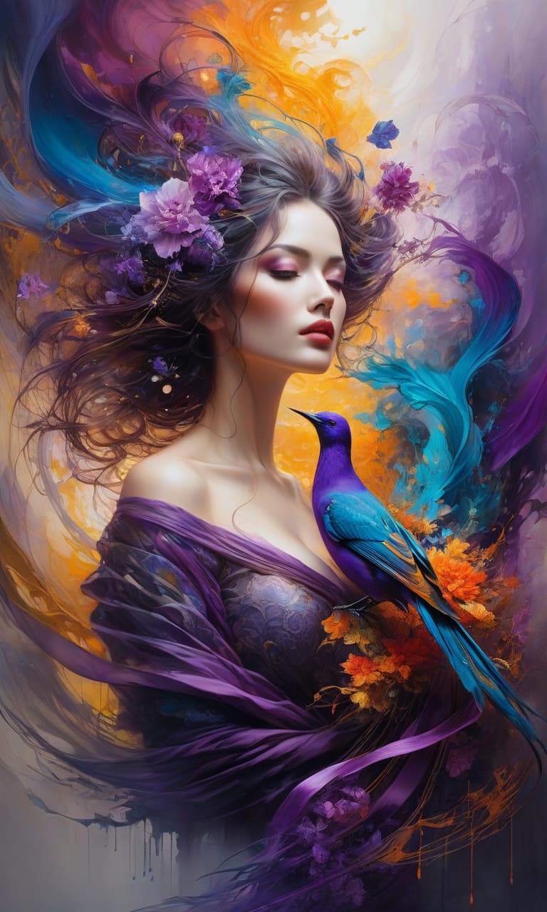  Digital image. Oil painting.. A bird pen for writing. One (Pen: 1.9) phoenix. Magnificently multicolored. Floating in the air in a halo of fiery threads of magic woven into ornamental ribbons. Against a sheet of old parchment with elven writing, a single drop of purple ink, an ancient glass inkwell. Mystical lighting. Stylistics: fairy tale, fantasy art, surrealism. In the manner of works by Minjae Lee, Carne Griffiths, Gustav Klimt, Andrew Jones. Amazing depth, surrealism, intricate detailing, perfect balance, deep subtle boundaries. hyperrealistic, full body, detailed clothing, highly detailed, cinematic lighting, stunningly beautiful, intricate, sharp focus, f/1. 8, 85mm, (centered image composition), (professionally color graded), ((bright soft diffused light)), volumetric fog, trending on instagram, trending on tumblr, HDR 4K, 8K