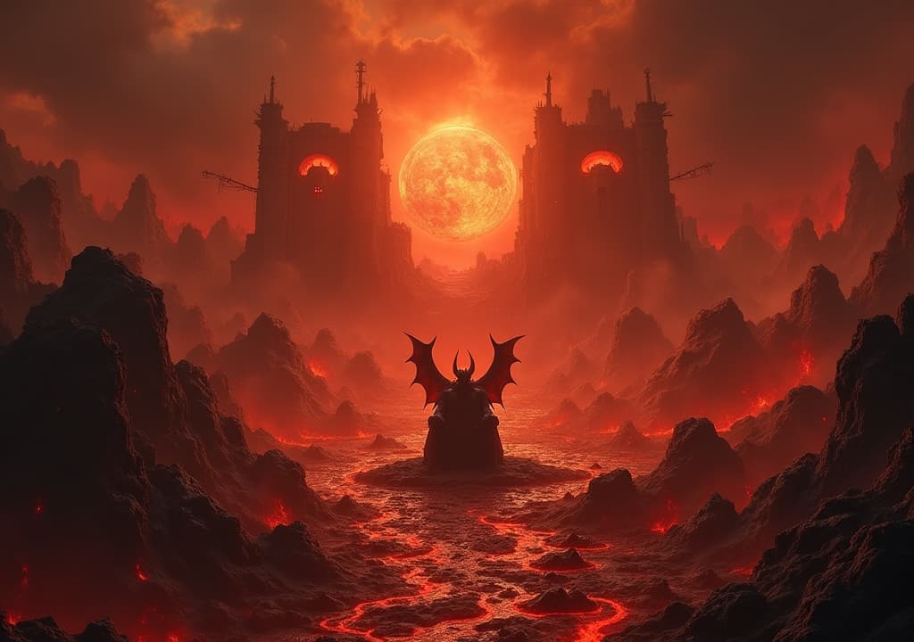  good quality, high quality, a view of hell from very far and above, giant landscape of hell, with lava, tortured souls, demons, and a devil at the center on his throne, very crowded and from afar