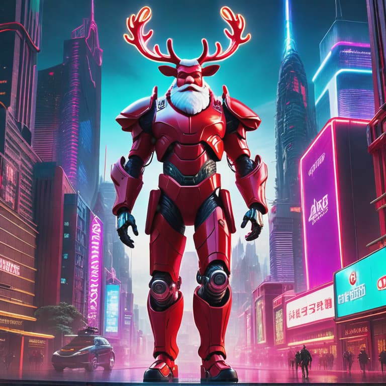  Santa Claus stands tall against a neon-lit cityscape, his crimson suit contrasting with the dystopian backdrop. With a mechanical exoskeleton fused to his limbs, he exudes an air of futuristic power. Beside him, his cybernetically-enhanced reindeers radiate vibrant hues, their eyes glinting with artificial intelligence. As they gracefully traverse the high-tech metropolis, their metallic hooves leave trails of energy, illuminating the digital snowflakes that fall from the technologically advanced sky. This vivid and detailed scene captures the essence of a cyberpunk-inspired Christmas filled with awe and wonder. hyperrealistic, full body, detailed clothing, highly detailed, cinematic lighting, stunningly beautiful, intricate, sharp focus, f/1. 8, 85mm, (centered image composition), (professionally color graded), ((bright soft diffused light)), volumetric fog, trending on instagram, trending on tumblr, HDR 4K, 8K