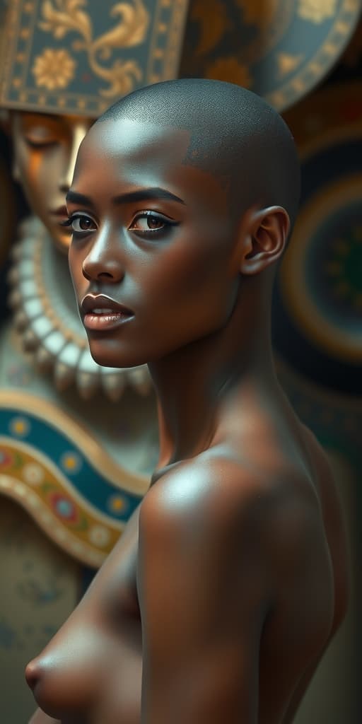  good quality, high quality, a beautiful black woman with brown skin. she is standing. she is resting in an ethereal manner. she is bald. she is naked. she is fuller figured