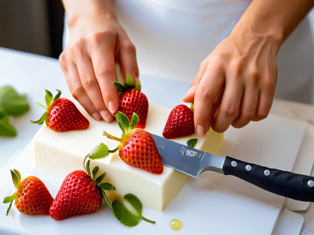  An ultradetailed closeup image of a pair of hands carefully handling a sharp kitchen knife to slice a perfectly ripe strawberry on a clean, white marble countertop. The hands exhibit precision and skill, showcasing the importance of focus and caution in baking to avoid accidents. The knife gleams under the soft kitchen light, and droplets of juice glisten on the freshly cut fruit, creating a visually captivating and minimalist composition that symbolizes the meticulous care required in pastrymaking. hyperrealistic, full body, detailed clothing, highly detailed, cinematic lighting, stunningly beautiful, intricate, sharp focus, f/1. 8, 85mm, (centered image composition), (professionally color graded), ((bright soft diffused light)), volumetric fog, trending on instagram, trending on tumblr, HDR 4K, 8K