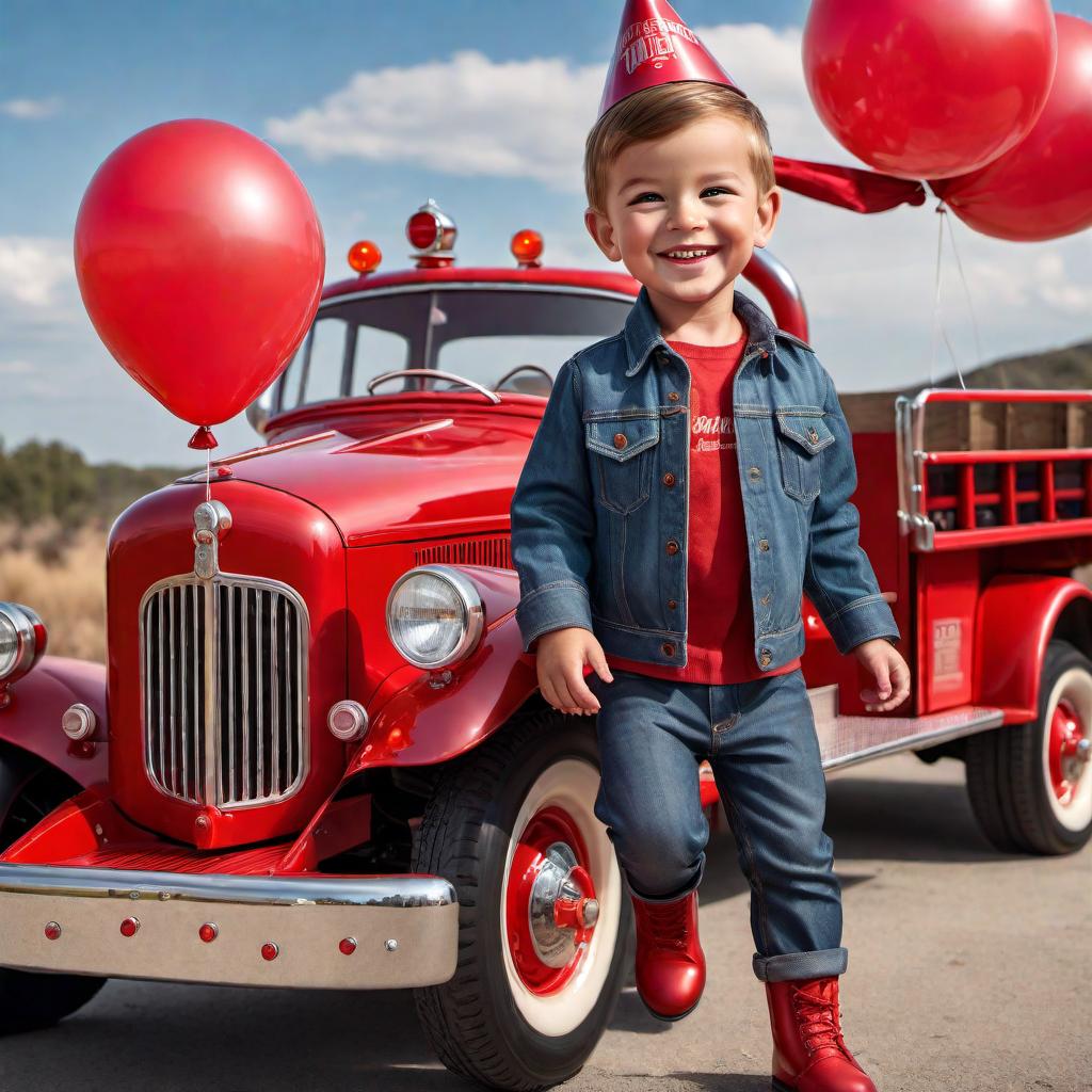  Create a caricature of a young boy wearing a birthday hat, laughing, and holding a balloon while riding a small, toy version of a vintage 1950s shiny red firetruck, in a cartoon style. The image should have bright colors, and there should be presents in boxes with ribbons scattered all around the scene. hyperrealistic, full body, detailed clothing, highly detailed, cinematic lighting, stunningly beautiful, intricate, sharp focus, f/1. 8, 85mm, (centered image composition), (professionally color graded), ((bright soft diffused light)), volumetric fog, trending on instagram, trending on tumblr, HDR 4K, 8K